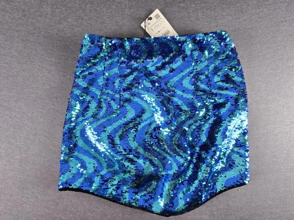 Zara Sequin Skirt Womens Small Blue Geometric Mini Lined Party Club Holiday